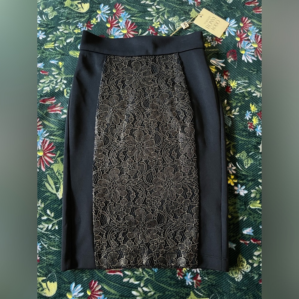 Torn by Ronny Kobo Black Pencil Skirt with Gold Lace Front Size XS NWT